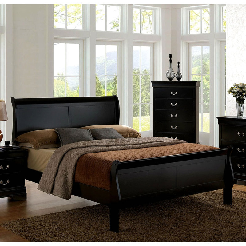 Lit simple noir contemporain, lit en bois massif avec pieds en équerre et anglais, idéal pour la chambre principale, construction de base nécessaire, design transitionnel