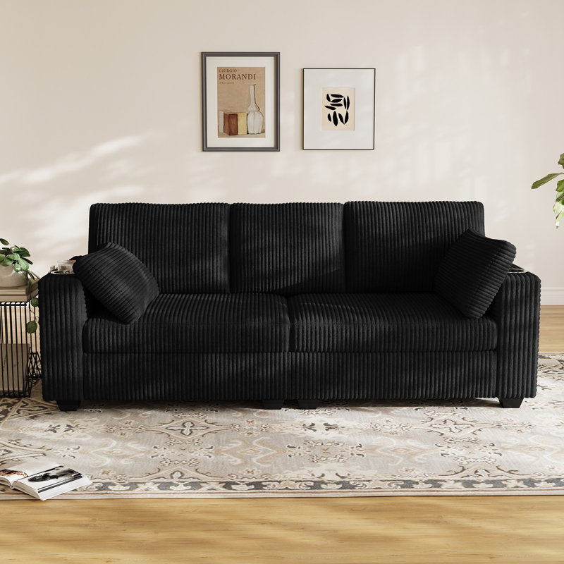 82"W Corduroy Sofa with Cup Holders, Storage Pockets and USB Ports  - Black Couch, Black