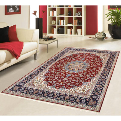 Tapis unique noué à la main rouge / bleu / ivoire / jaune 10 pi 2 po x 13 pi 3 po Isfahan