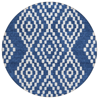 Tapis d'intérieur rond lavable géométrique 8 pi bleu marine et ivoire