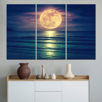 Full Moon Seascape Canvas Print: Contemporary Coastal Art Decor,3P Wrapped Canvas