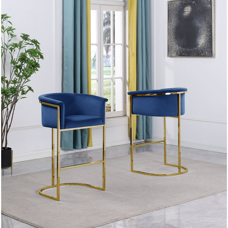 Maheer 24" Counter Stool in Velvet Upholstery and Chrome Base (Single Chair), Navy Blue, Gold
