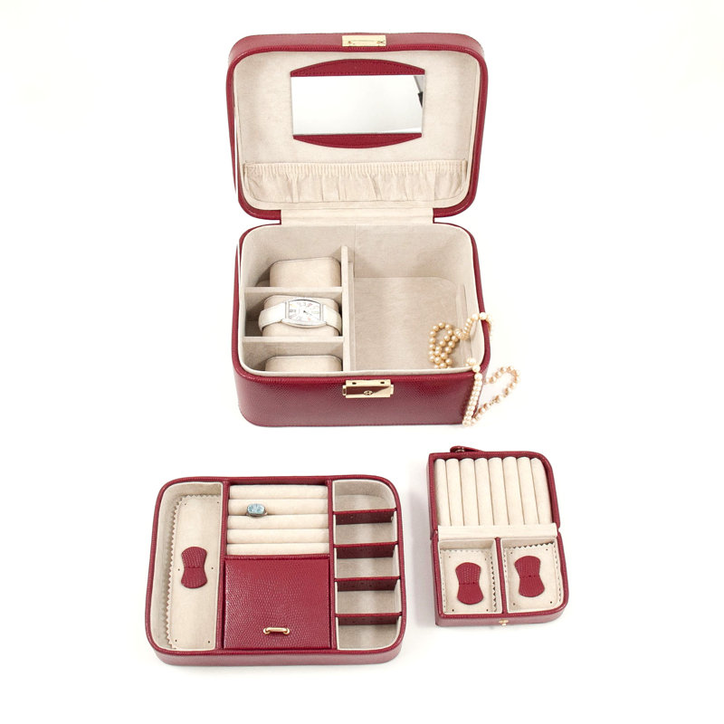 Leather Jewelry Box + Mirror, Red Leather
