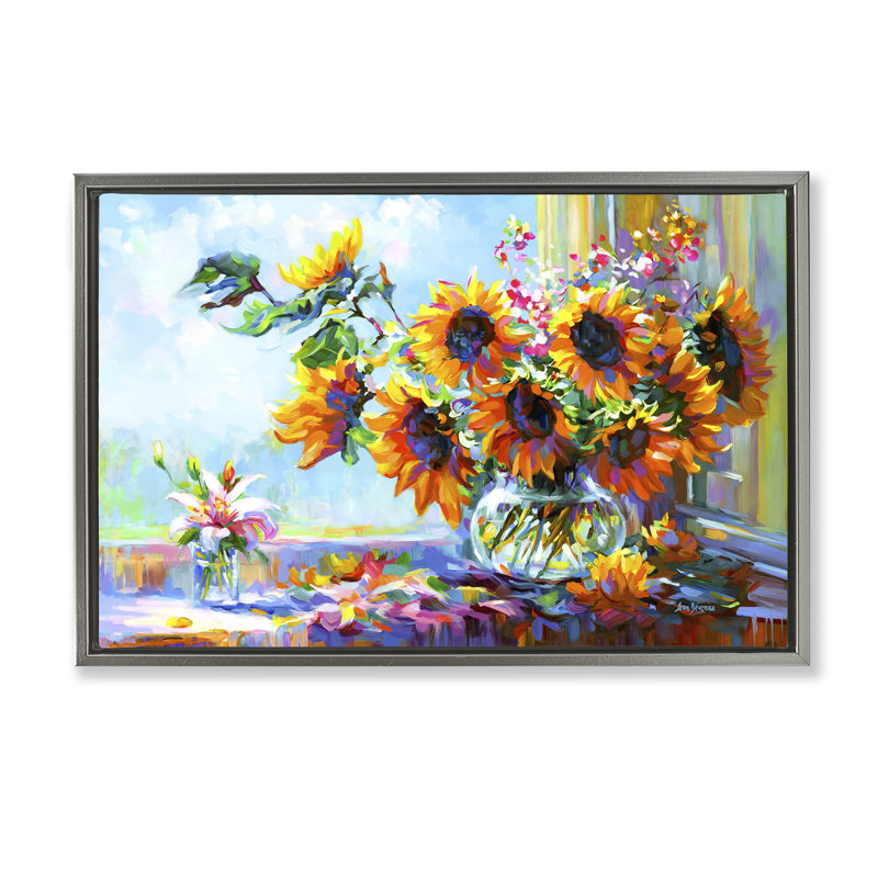 «Sunflowers Morning Glory», toile flottante encadrée par Leon Devenice, Cadre flottant gris lustré, H 21 po x l 31 po