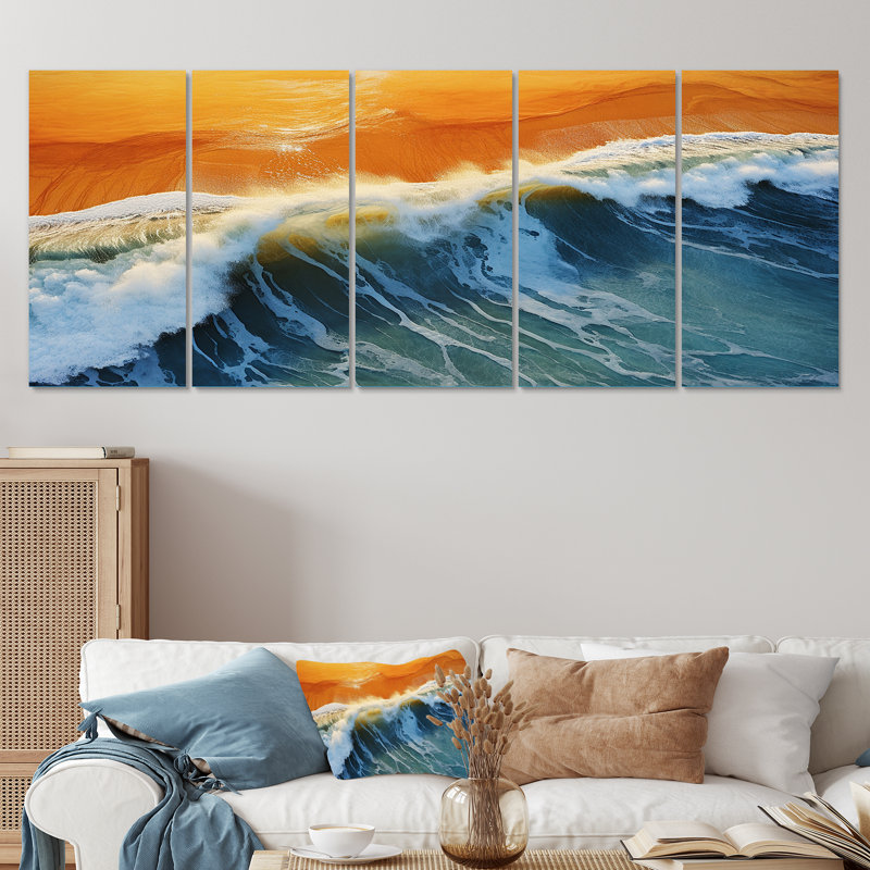 Bleu et orange plage vue aérienne V - plage côtière, art mural 5 pièces, H 28 po x l 60 po