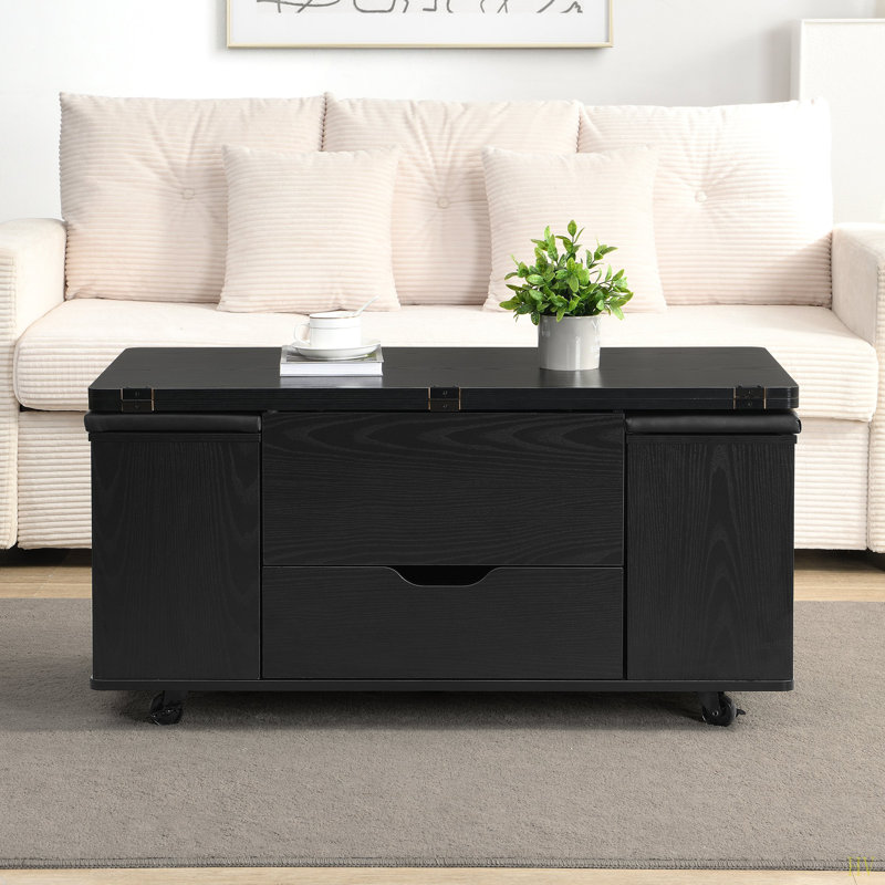 Table basse multifonctionnelle à plateau relevable avec rangement caché et tabourets, table centrale moderne multifonctionnelle avec 4 tabourets et roulettes, pour les espaces de vie modernes