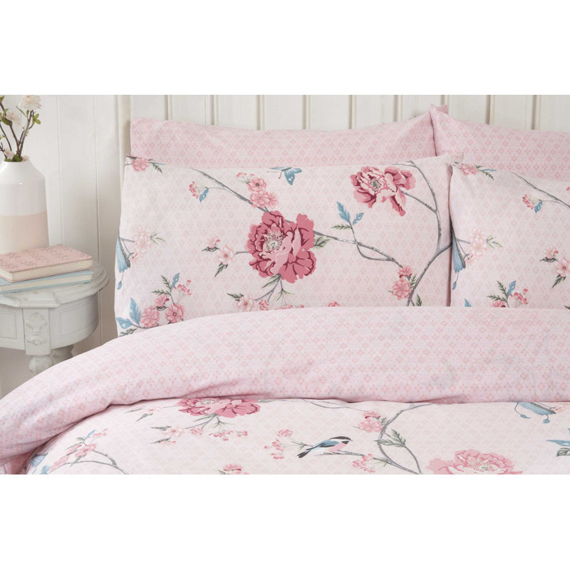 Blane Floral Duvet Cover Set with Pillowcases, Kingsize Duvet Cover + 2 Standard Pillowcases, Pink