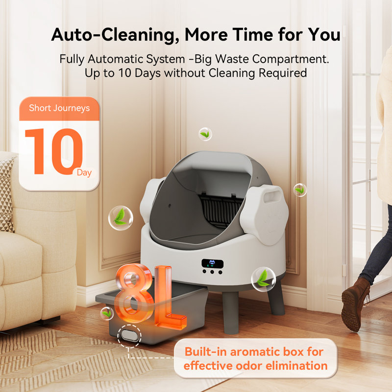 Automatic Self-Cleaning Cat Litter Tray with WIFI, Open-top Odor-Free Litter Box with APP, 8L Bin