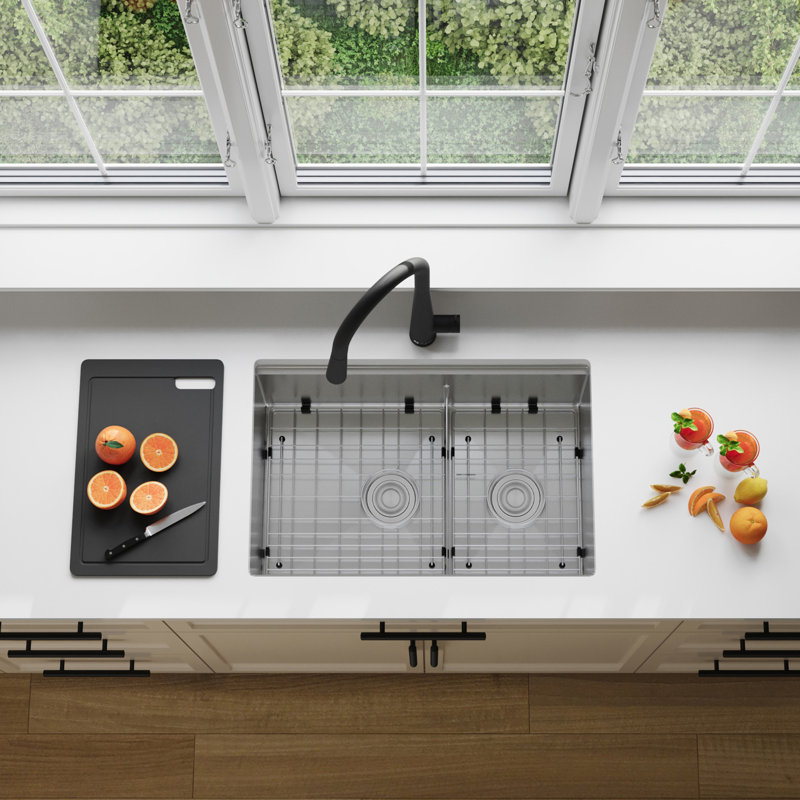 Évier de cuisine encastré à double cuve 60/40 en acier inoxydable avec accessoires noirs 28 po