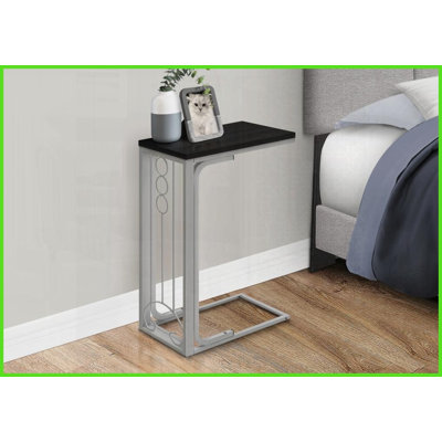 Table basse en forme de C peu encombrante avec plateau en stratifié noir Base en métal gris pour le salon, la chambre à coucher