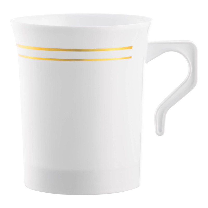 8 oz Tasses à café rondes en plastique blanc avec bordure dorée
