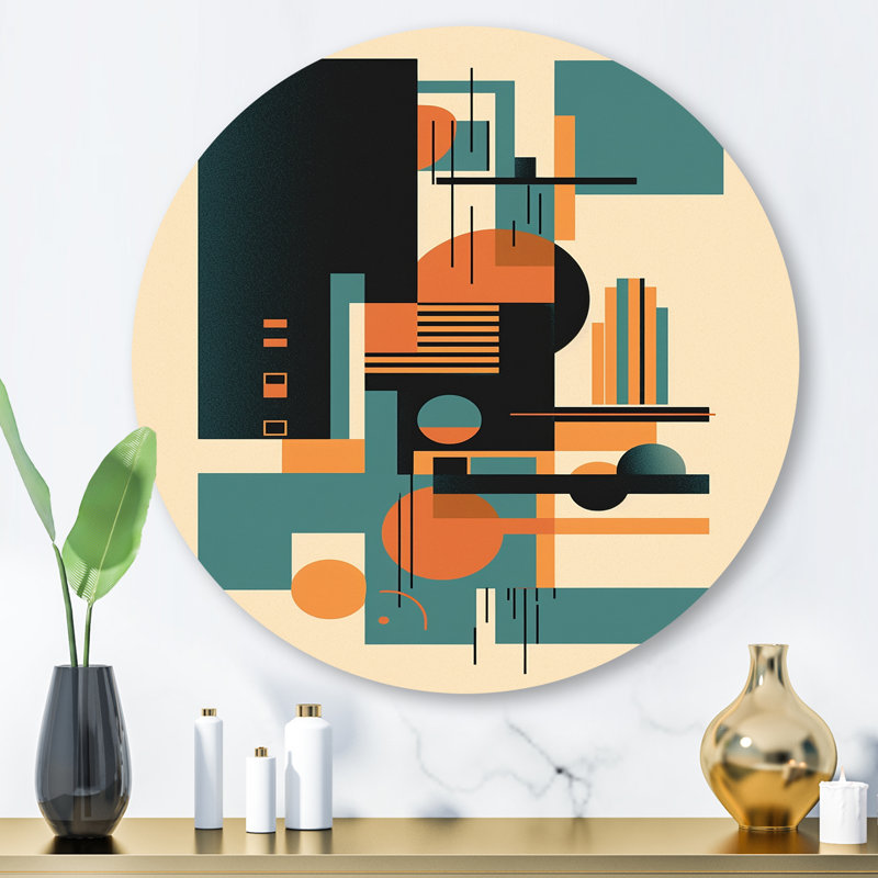 «Blue and Orange Minimalistic Symphony IV», art mural rond minimaliste abstrait sur métal, H 29 po x l 29 po x P 1 po