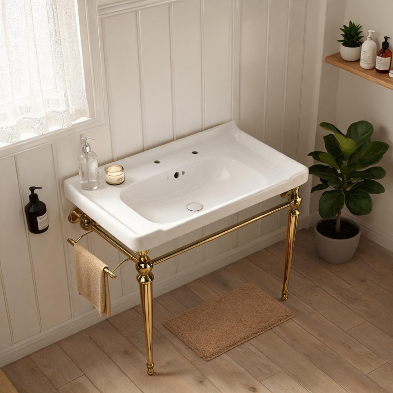 Console de lavabo murale en céramique dorée et blanche de 71 cm (28 po) avec pattes de support en acier inoxydable et porte-serviettes