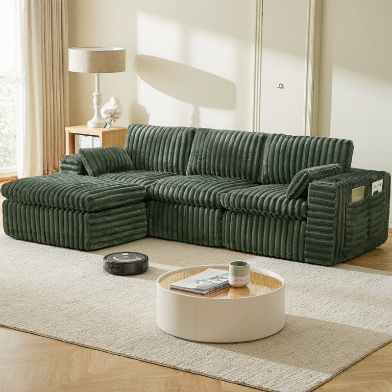 Canapé modulaire rembourré en chenille nervuré avec repose-pieds, canapé compressé 3 places à profil bas, mousse haute densité, aucun assemblage requis pour les petits espaces, salon