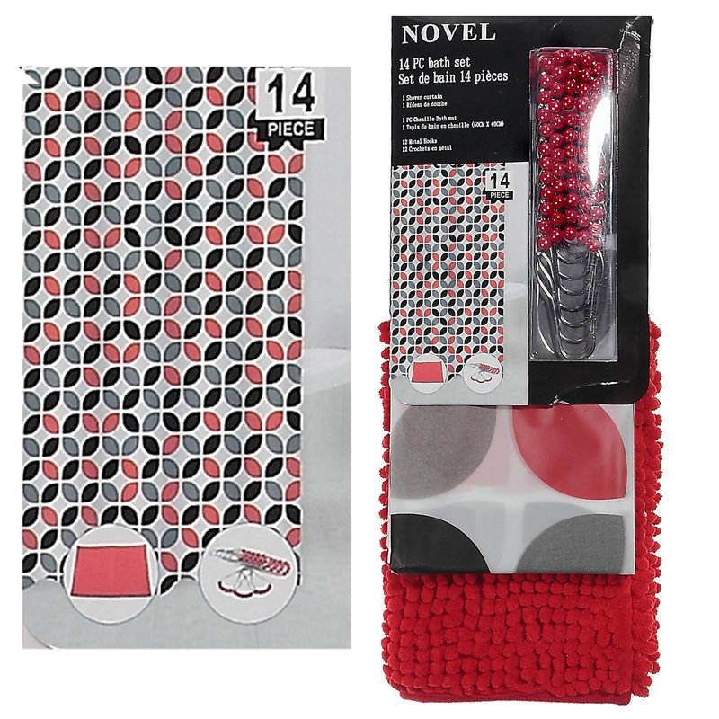 Ensemble 14 pièces rideau Peva S. + 12 crochets + tapis de bain (chaînette)