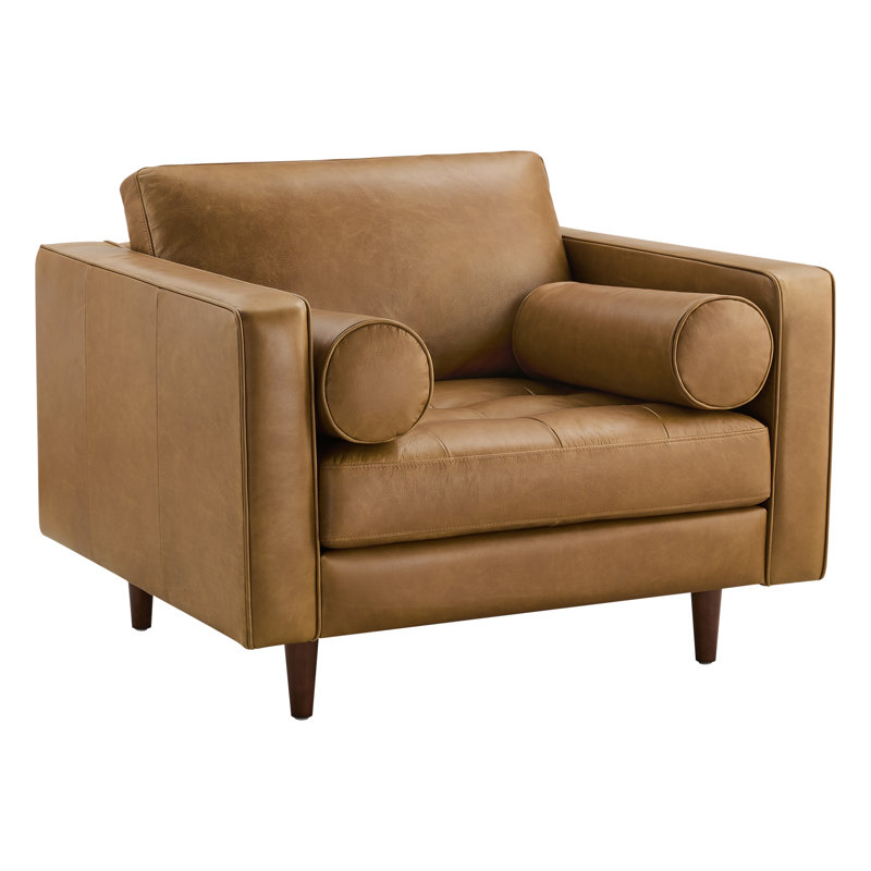 Fauteuil rembourré en cuir véritable 41 po avec coussins réversibles Geo, Marseille Carame