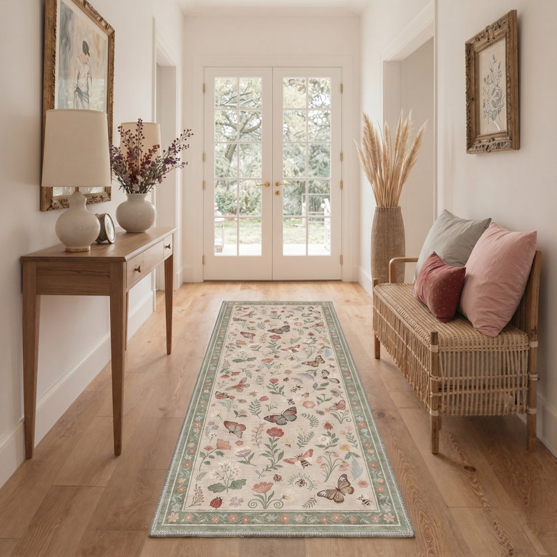 Adonis Elyra Boho Machine Washable Beige / Green Indoor Area Rug with Non-Slip Backing, Runner 2' x 6'