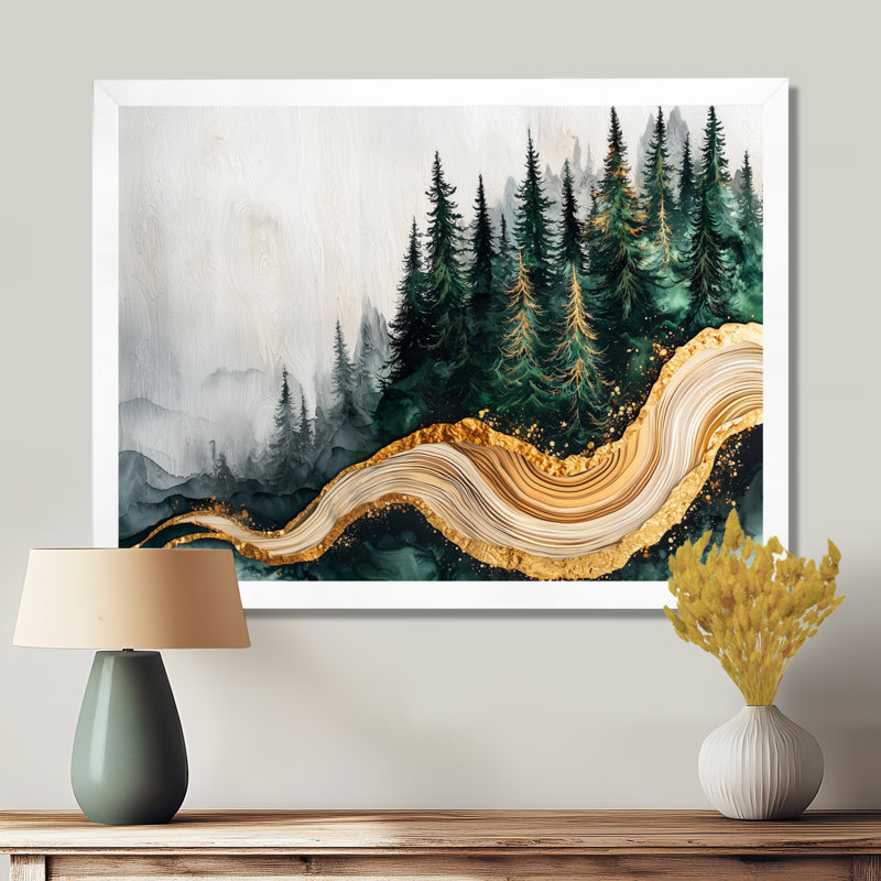 Forêt forêt de cristal émeraude I - forêt, art mural, H 30 po x l 40 po, Cadre flottant, Blanc