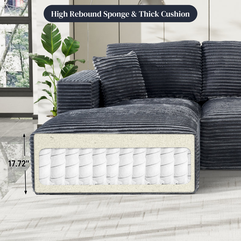 Canapé modulaire en velours côtelé avec méridienne Corduroy, Velours côtelé gris foncé, Face à la gauche