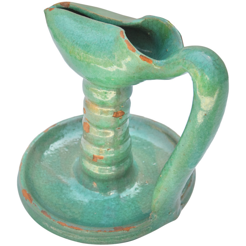 Antique Handmade Teal Green Moroccan Judaical Ceramic Oil Lamp