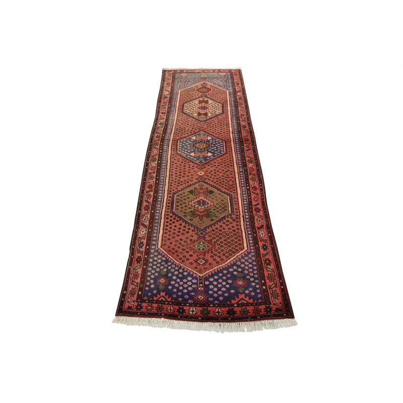 Tapis rouge rétro en laine noué à la main 3 pi 4 po x 9 pi 5 po Tribal Vintage