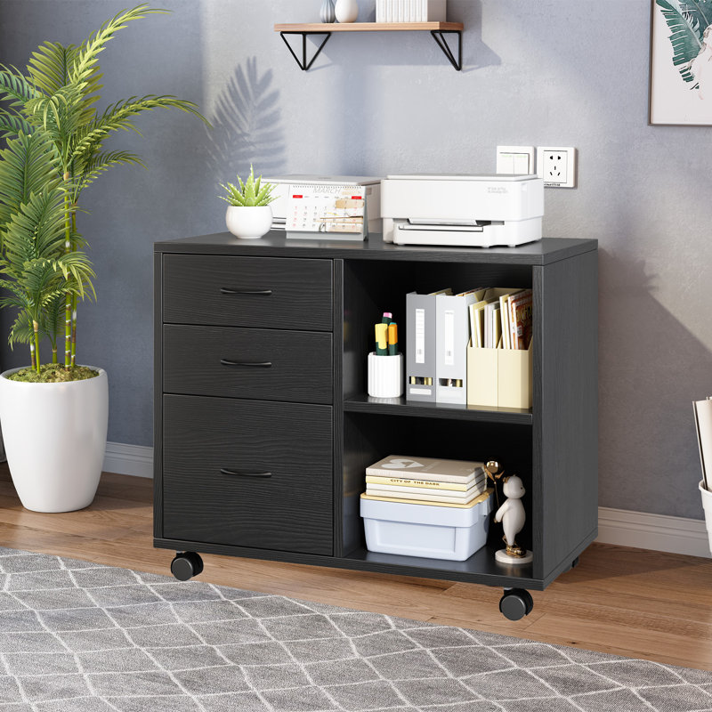 31.18''Wide 3-Drawer Rolling File Cabinet With Shelves, Black