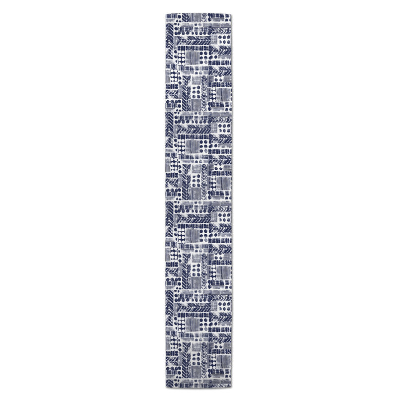 Chemin de table aztec tribal stamp Harvir, Bleu marine, 72 po x 16 po