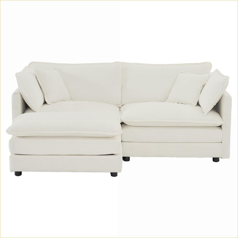 Canapés modulaires | Canapé modulaire en L avec repose-pieds 2 places, moderne pour les petits espaces de vie | Chenille | Blanc neige