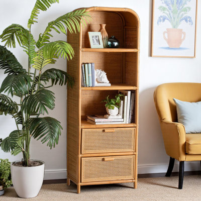 Bibliothèque à 2 tiroirs et 3 tablettes ouvertes Lucca Honey au fini brun, H 67,46 po x l 22,91 po x P 13,67 po