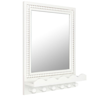 16X12 Inch Wall Mount Beaded Wood Framed Mirror With Shelf And 6 Hooks, White Decorative Entryway Mirror With Storage For Laundry Room, Bathroom, Bedroom