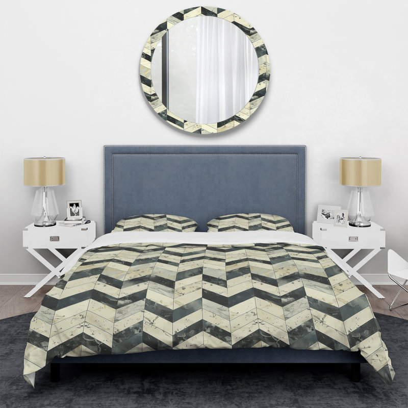 Ensemble de housse de couette transitionnelle à chevrons beige et gris II, Housse de couette simple et deux taies décorative