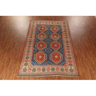 Tapis turc bleu à motif géométrique anatolien 8 x 12