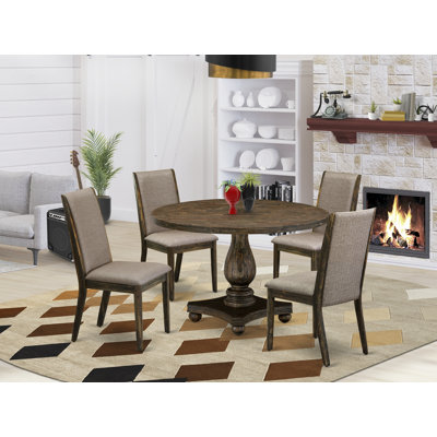 Cet ensemble de salle à manger 5 pièces comprend une table de salle à manger ronde avec piédestal et 4 chaises Parson rembourrées en lin kaki foncé