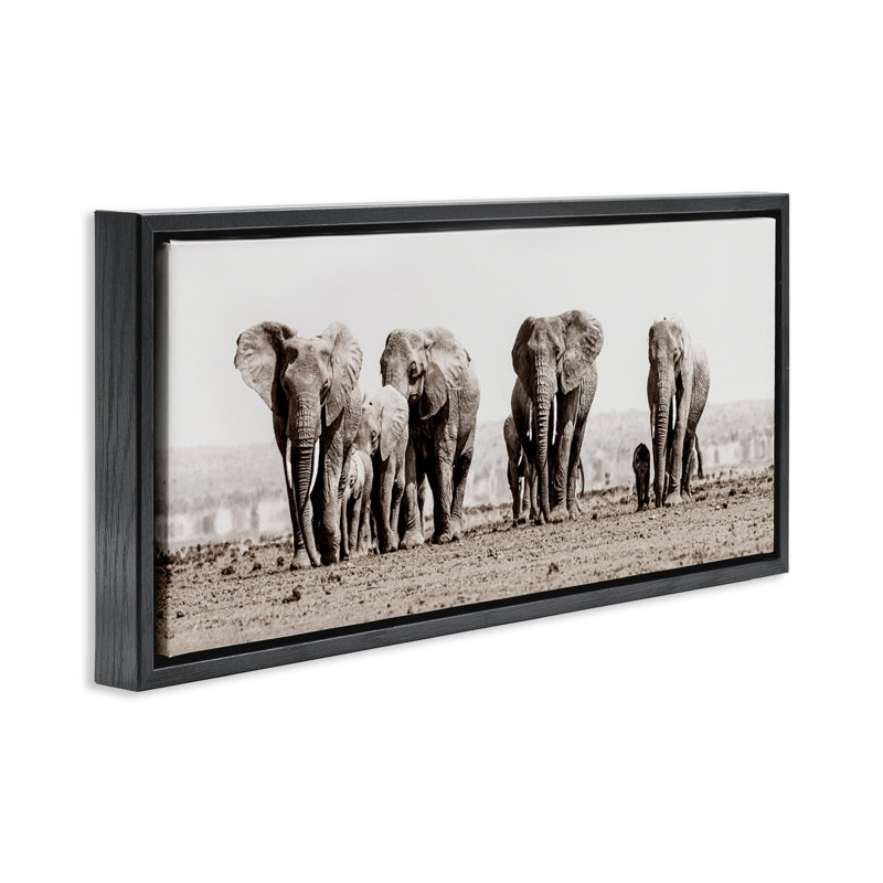 Famille d'éléphants dans la savane, Cadre flottant noir de jais, H 11 po x l 25 po