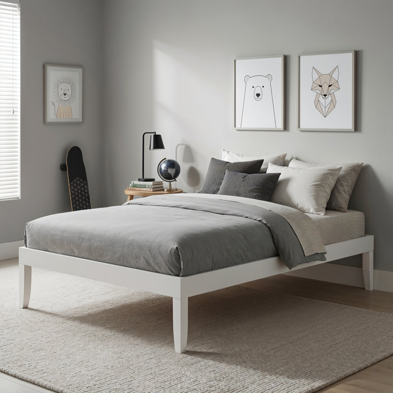 Marialana Contemporary Solid Wood Platform Bed with 13 Support Slats, Full, White
