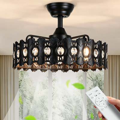 Ventilateur de plafond 17 pales en métal et cristal noir 17,8 po avec lumière, moteur à courant continu réversible, télécommande, réglable en hauteur