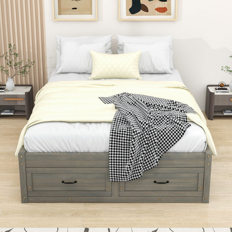 Lit plateforme en bois 6 tiroirs au design épuré, Gris antique, Double