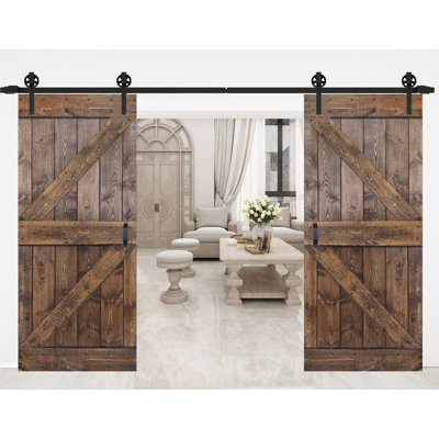 K style Paneled Solid Core Wood Double Sliding Barn Door with Hardware Kit (Set of 2) - Assembly Needed