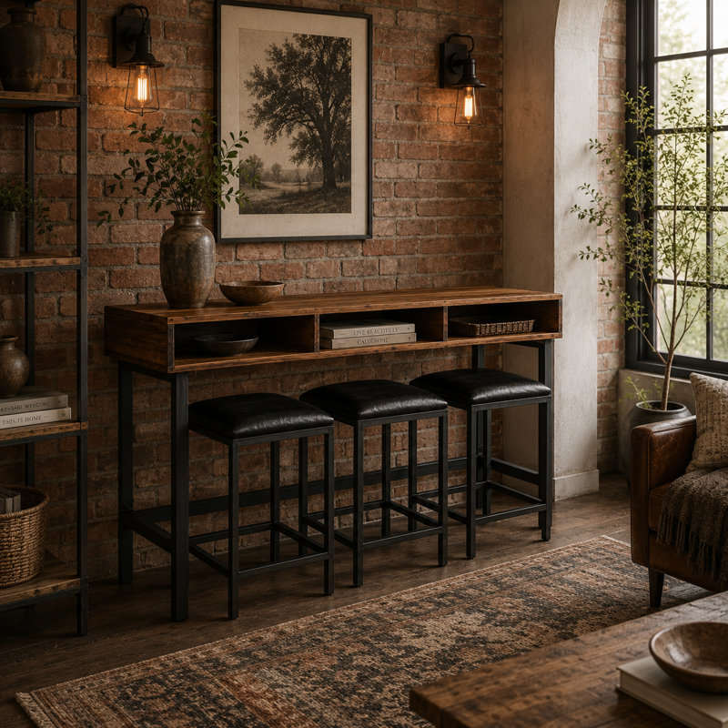 Ensemble de canapé rectangulaire et console avec 3 tabourets, fabriqué en bois massif et en cuir, 76 x 22 x 36
