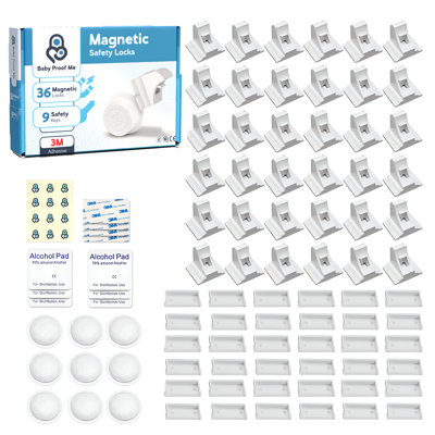 Baby Proof Me Magnetic Cabinet Locks for Baby Proofing [36 Pack + 9 Keys] – Child Proof Locks for Cabinets & Drawers, Adhesive No-Drill Install