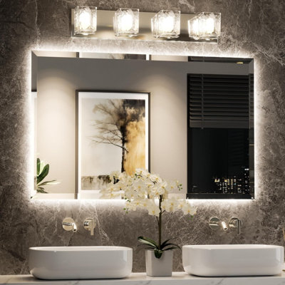 Miroir de salle de bain 48 x 30 pouces rétro-éclairé, miroir de meuble-lavabo à DEL sans cadre avec bord biseauté, verre trempé, éclairage 3 couleurs, anti-buée, luminosité réglable, miroir mural intelligent