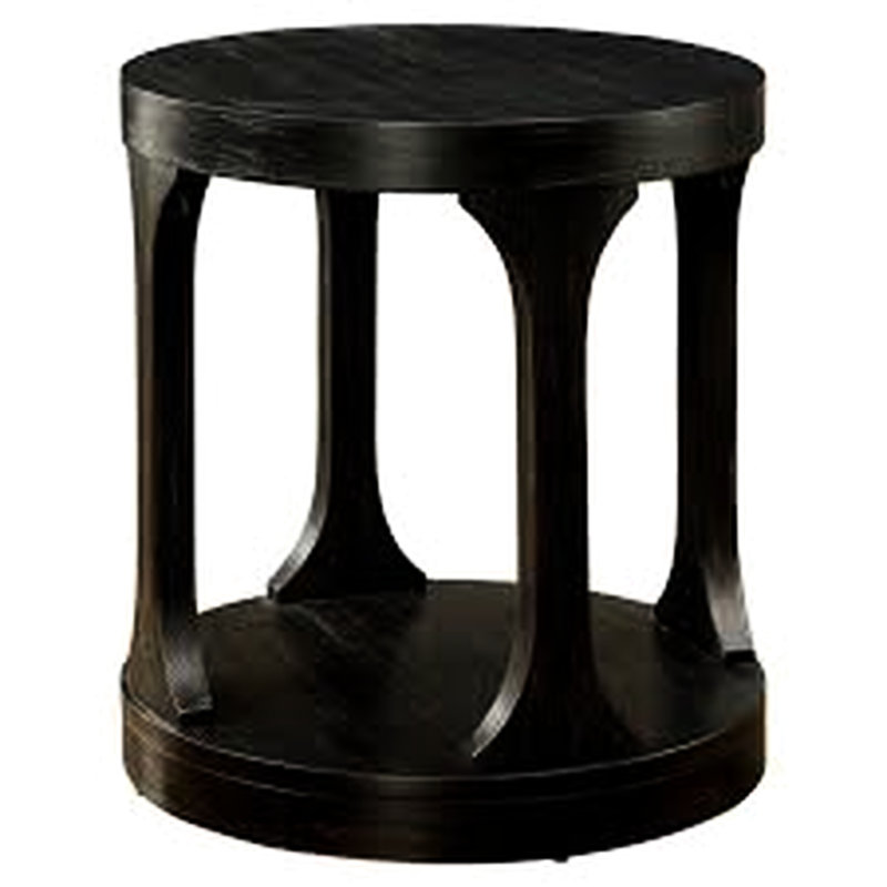 Table de bout transitionnelle avec finition noire antique, structure ronde et bois massif, tablette ouverte pour plus de rangement, profondeur de 22 pouces, tablette en bois avec pieds en I, large
