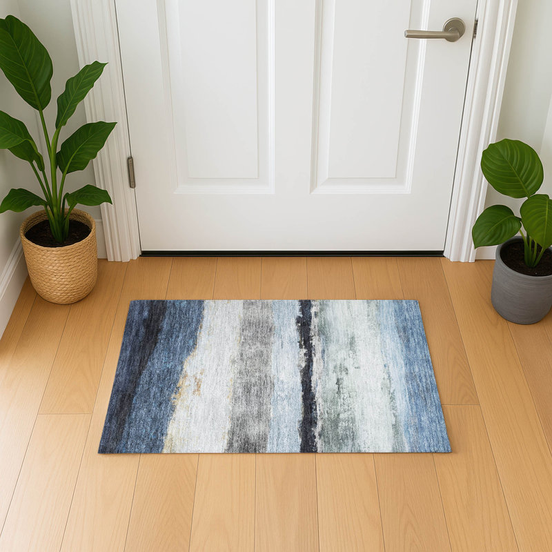 Premium Machine Washable Mayfield Striped Rug, 1'8" x 2'6", Blue