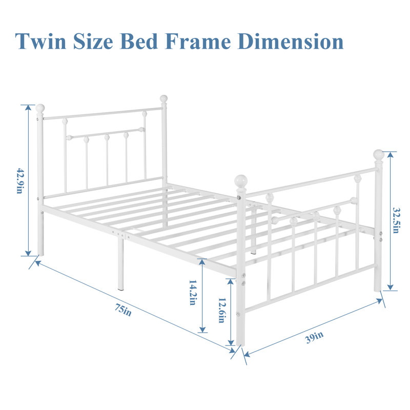 2 Set Bed Frame, 2Pcs Twin Size Metal Platform Bed, Mattress Foundation With Headboard, No Box Spring Needed, White