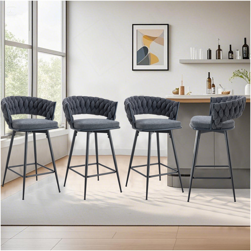 Ensemble de 4 tabourets de bar pivotants avec sièges en lin et coton respirants - Tabourets à hauteur de comptoir rotatifs à 360 °, structure en fer robuste, capacité de 300 lb pour îlot de cuisine, salle à manger et pub gris-noir