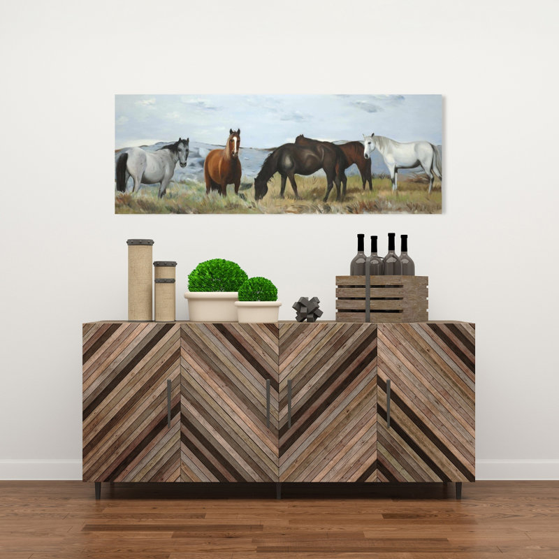 Toile rustique pour chambre à coucher | Chevaux mangeant dans un pré, art mural