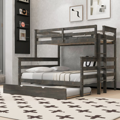 Wood Twin XL over Queen Bunk Bed with Trundle & Ladder, Convertible to 3 Beds,Grey