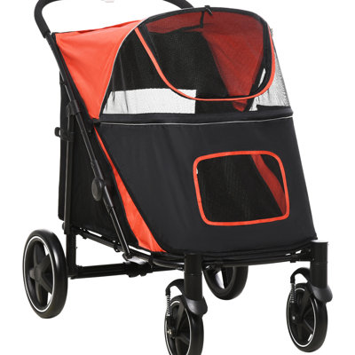 Red Pet Stroller For Big Dogs, Foldable With Storage And Mesh Panels Better Airflow Dog Walking Medium & Large Canines, Foldable, Door,