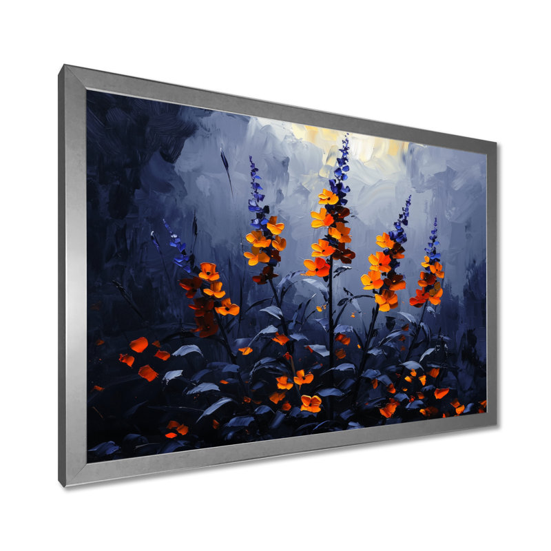 «Night Forest Plants In The Dark I», art mural plantes, H 16 po x l 32 po, Cadre simple argenté