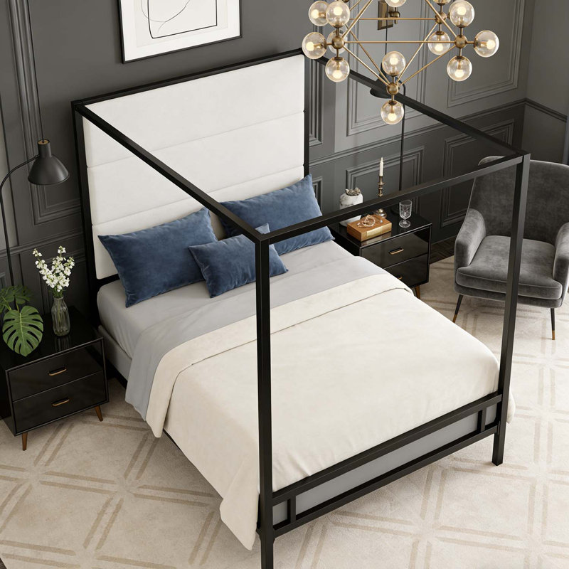 Canopy Bed With Tall Upholstered Headboard,Sturdy Metal Frame,And Elegant Design, Black, Queen